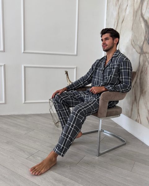 Мужская пижама из фланели (рубашка + штаны) серо-чёрная, COSY F671P фото